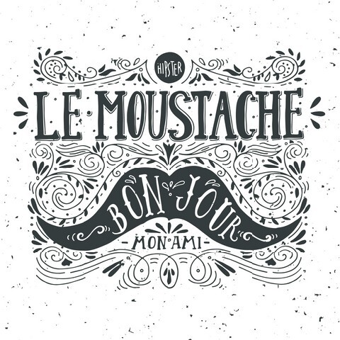 Hand drawn vintage label with a moustache and hand lettering